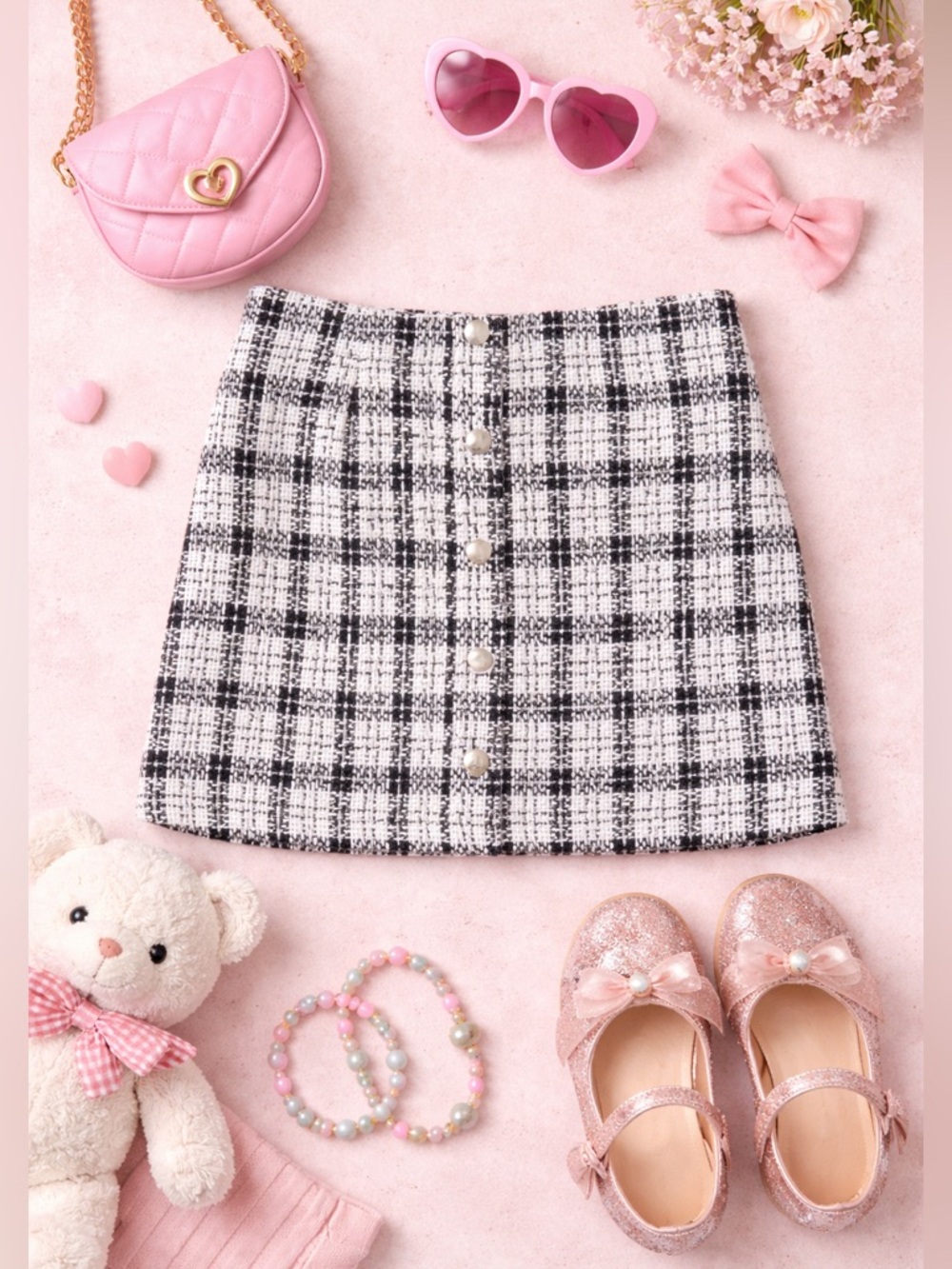 Forever 21 Girls Black White Tweed Plaid Mini Skirt Button Front Size 13/14 NWT